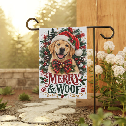 Yellow Labrador Retriever Christmas Garden Flag, Merry & Woof Holiday Yard Decor