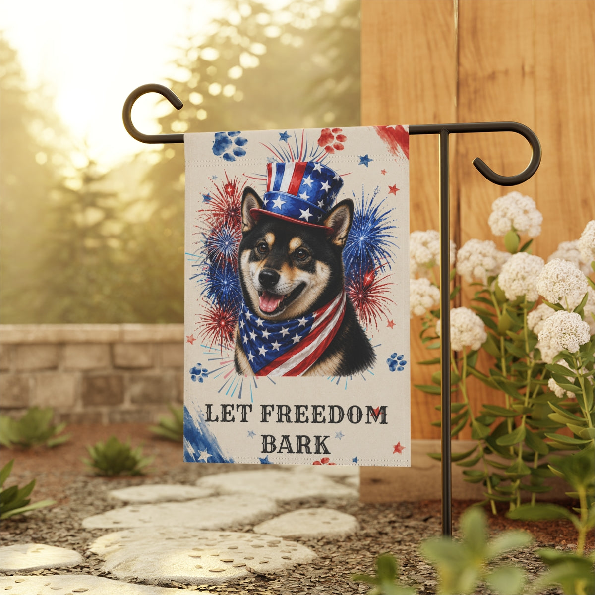 Patriotic Black Shiba Inu Garden Flag, Let Freedom Bark