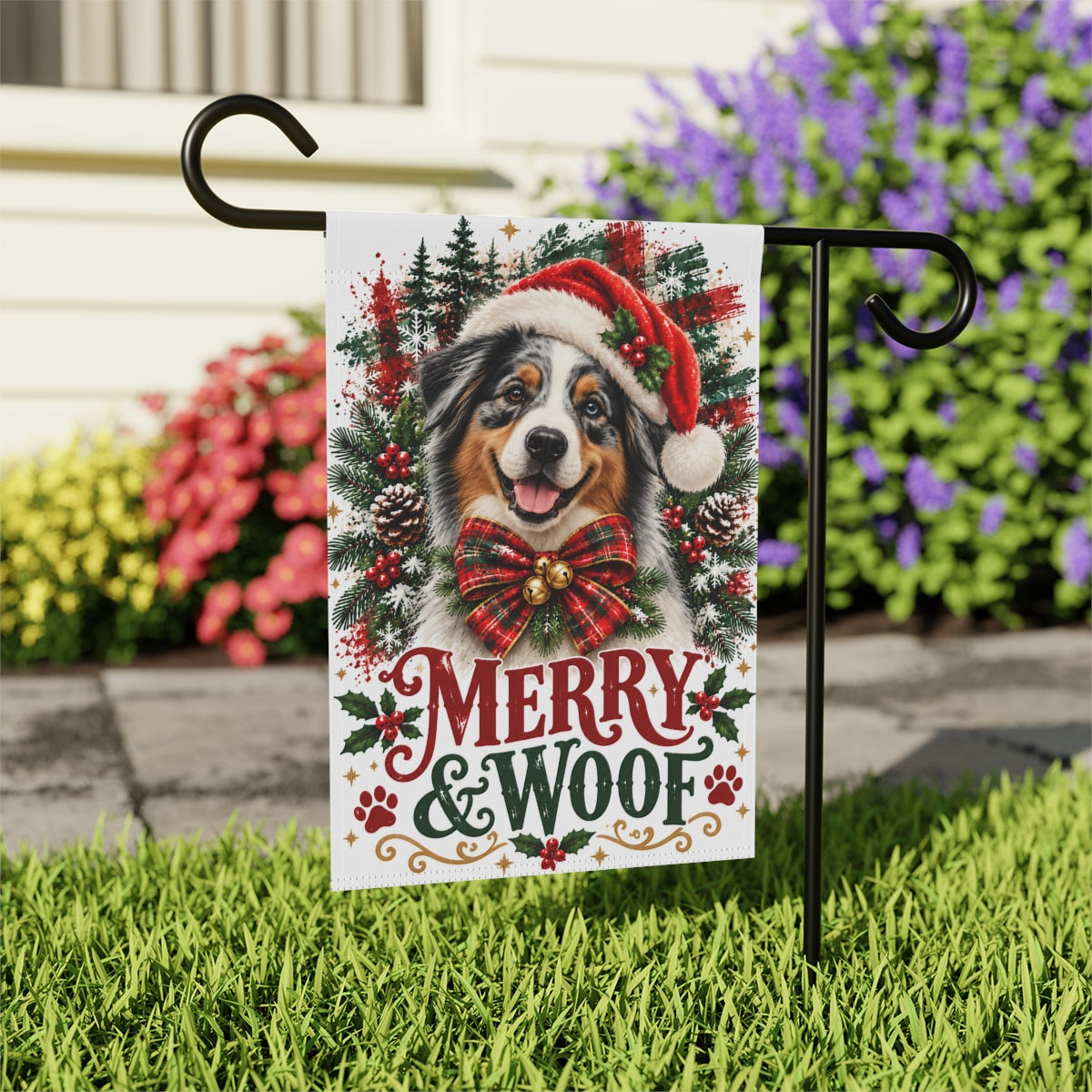 Australian Shepherd Christmas Garden Flag, Merry & Woof Holiday Dog Yard Decor