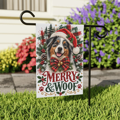 Australian Shepherd Christmas Garden Flag, Merry & Woof Holiday Dog Yard Decor