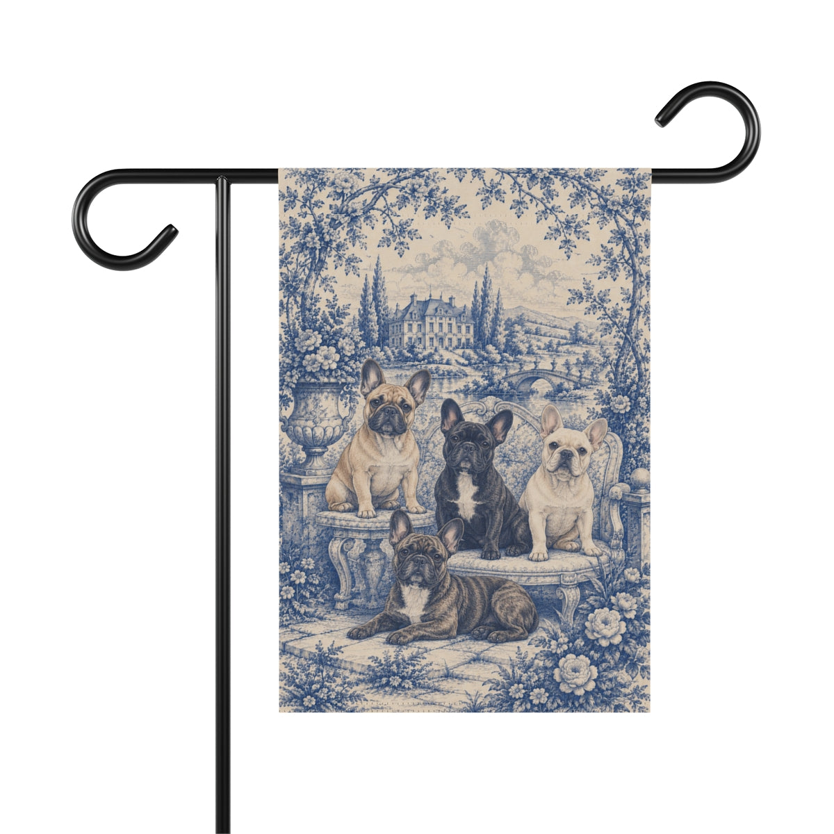 French Bulldog Garden Flag, Blue Toile Frenchie Yard Decor, Frenchie Mom Gift, Garden Banner