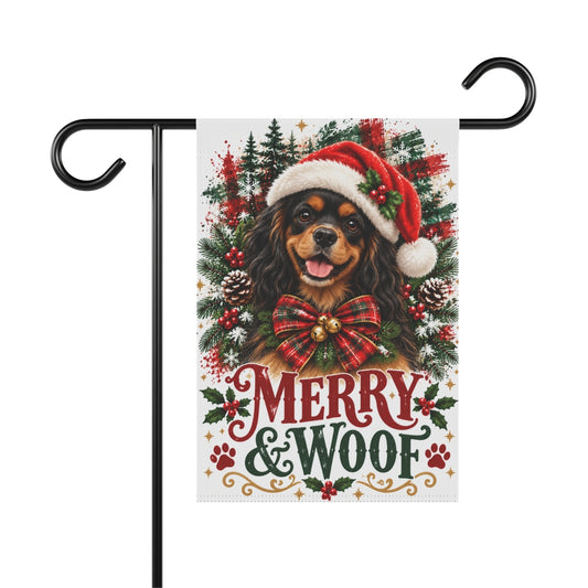 Black and Tan Cavalier Christmas Garden Flag, Merry & Woof Holiday Dog Yard Decor