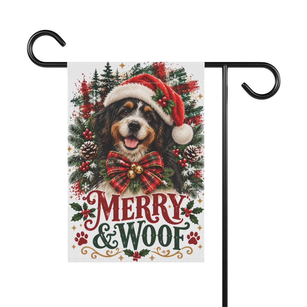 Bernedoodle Christmas Garden Flag, Merry & Woof Holiday Dog Yard Decor