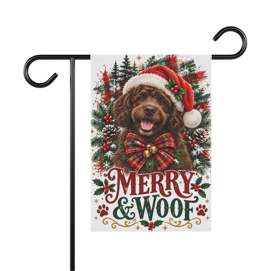 Brown Portuguese Water Dog Christmas Garden Flag, Merry & Woof Holiday Yard Decor