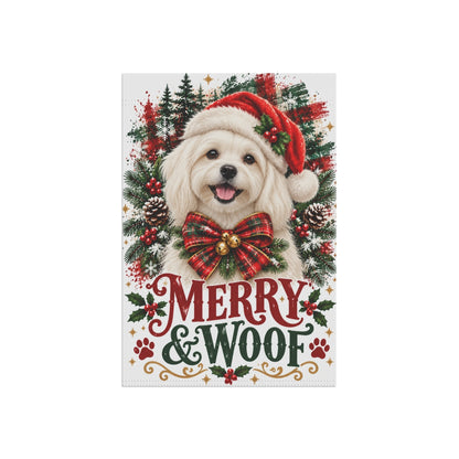 Maltese Christmas Garden Flag, Merry & Woof Holiday Dog Yard Decor