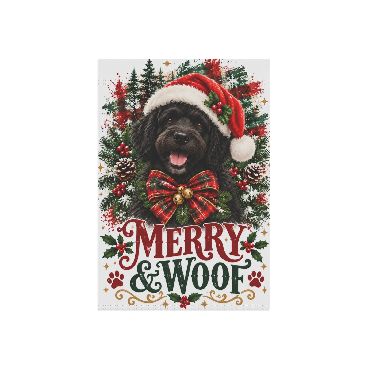 Black Portuguese Water Dog Christmas Garden Flag, Merry & Woof Holiday Yard Decor
