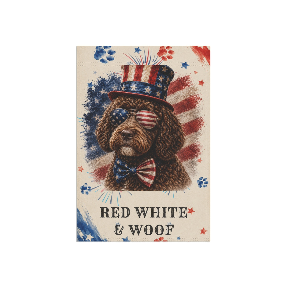 Patriotic Brown Portuguese Water Dog Garden Flag, Red White and Woof