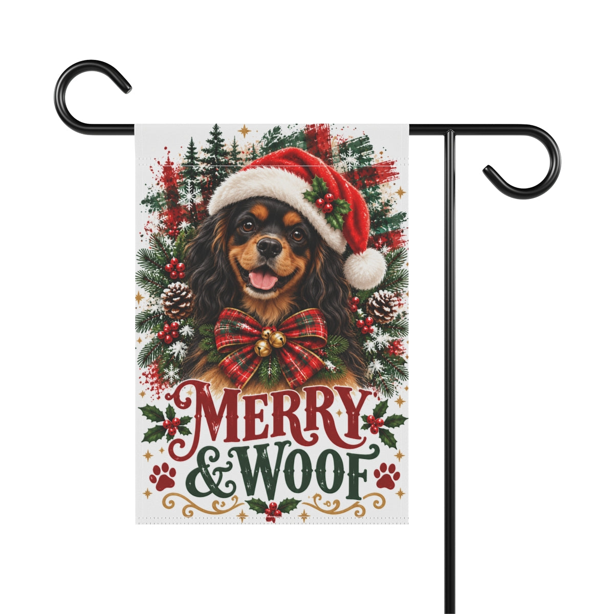 Black and Tan Cavalier Christmas Garden Flag, Merry & Woof Holiday Dog Yard Decor