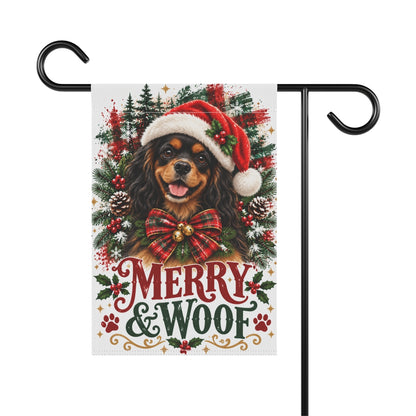 Black and Tan Cavalier Christmas Garden Flag, Merry & Woof Holiday Dog Yard Decor