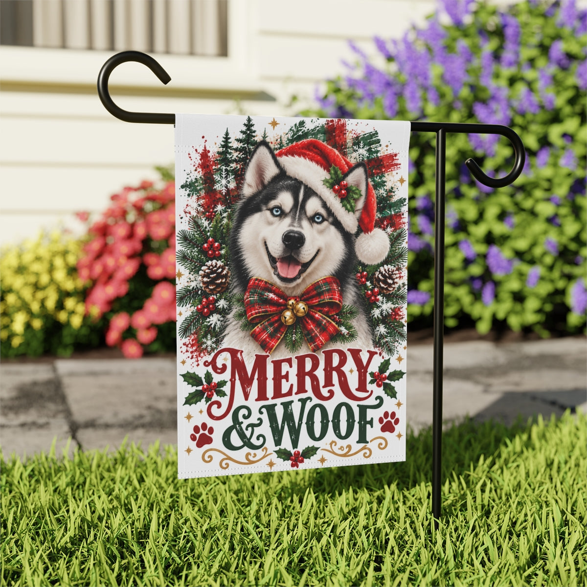 Siberian Husky Christmas Garden Flag, Merry & Woof Holiday Dog Yard Decor