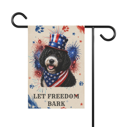 Patriotic Black Portuguese Water Dog Garden Flag, Let Freedom Bark