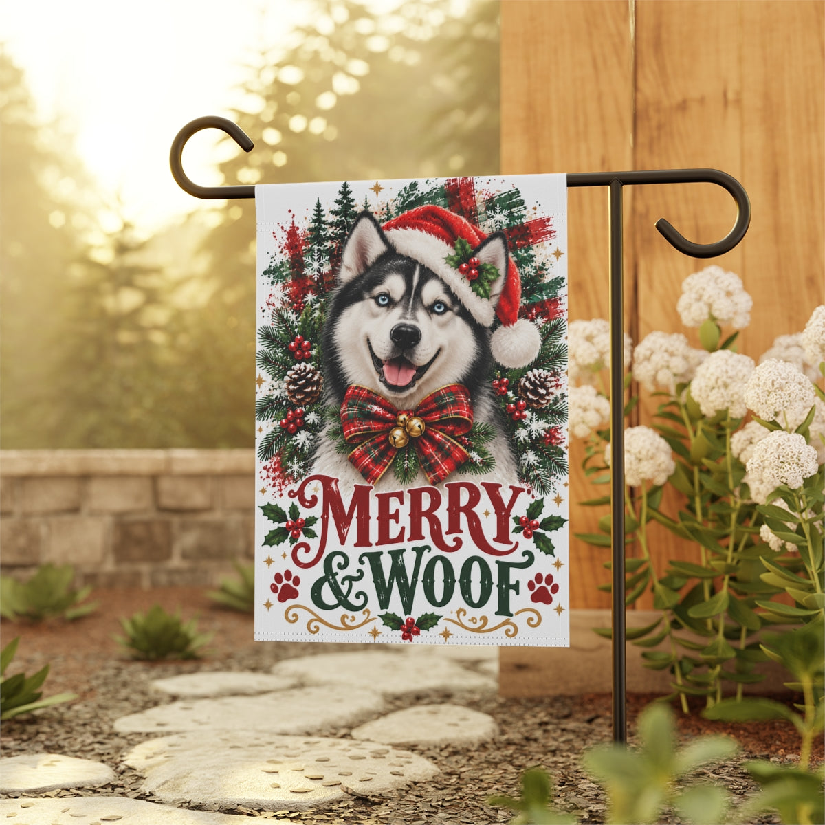 Siberian Husky Christmas Garden Flag, Merry & Woof Holiday Dog Yard Decor