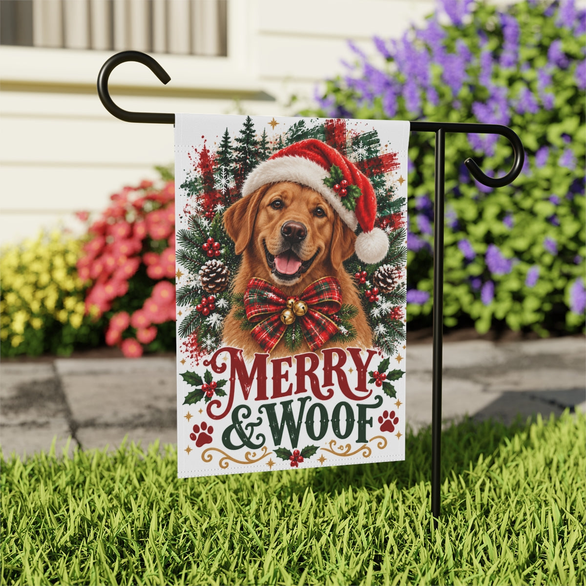 Fox Red Labrador Retriever Christmas Garden Flag, Merry & Woof Holiday Yard Decor