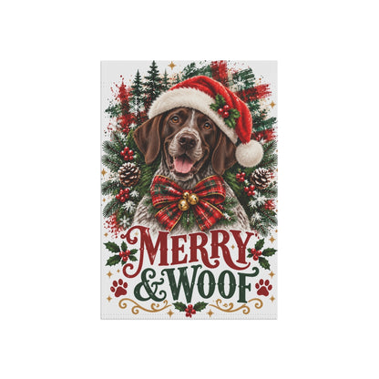 German Shorthaired Pointer Christmas Garden Flag, Merry & Woof Holiday Yard Decor