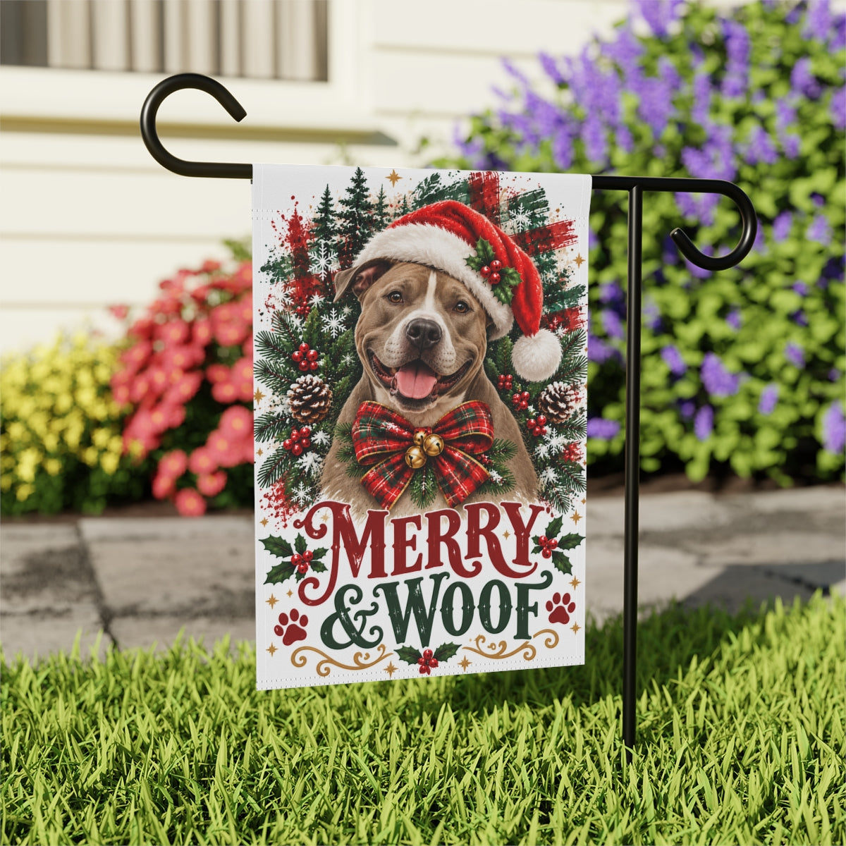 Pitbull Christmas Garden Flag, Merry & Woof Holiday Dog Yard Decor