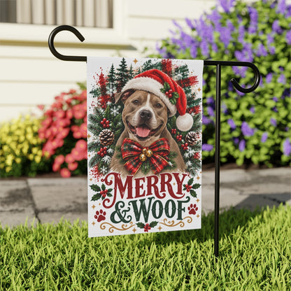 Pitbull Christmas Garden Flag, Merry & Woof Holiday Dog Yard Decor