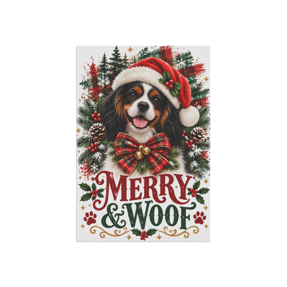 Tricolor Cavalier Christmas Garden Flag, Merry & Woof Holiday Dog Yard Decor