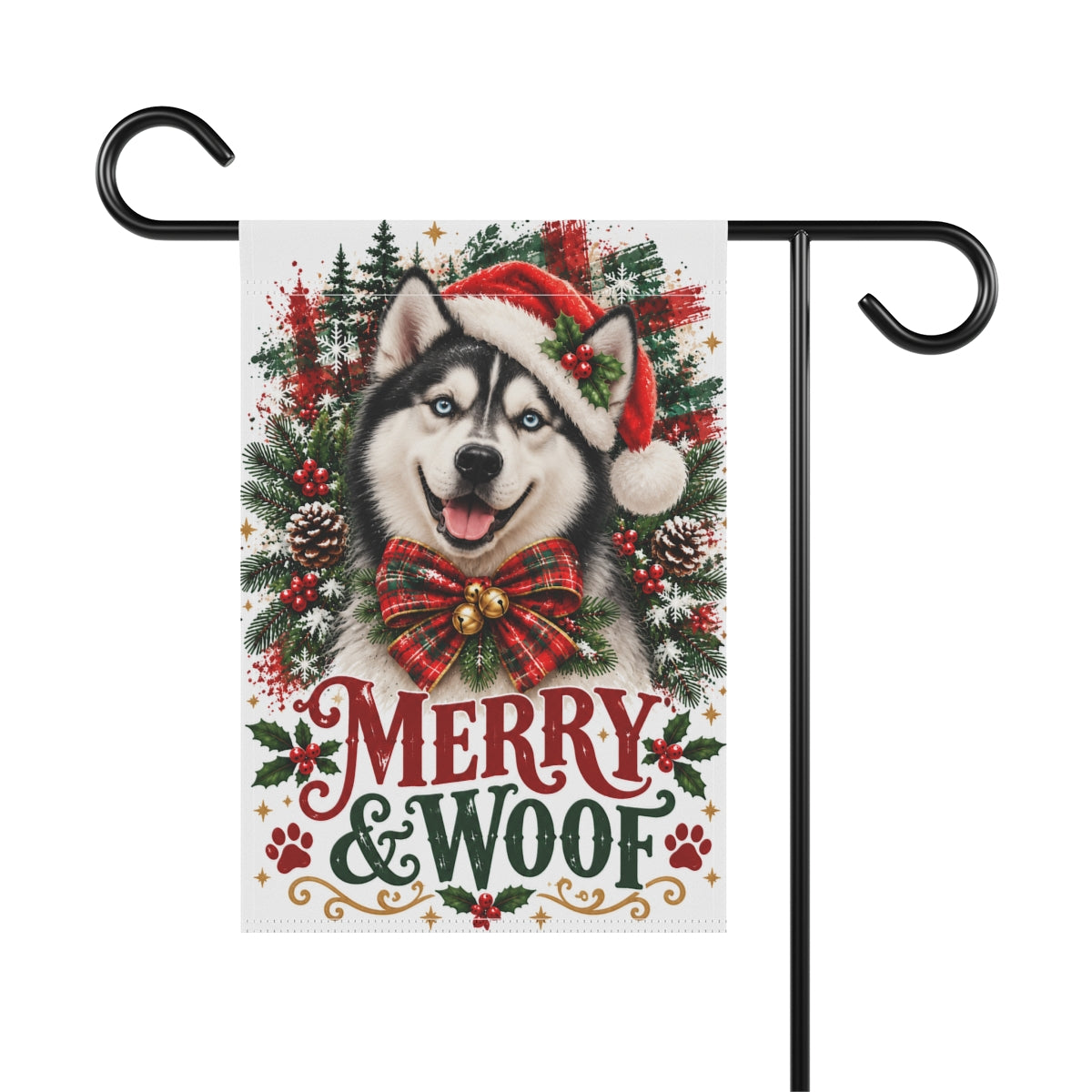 Siberian Husky Christmas Garden Flag, Merry & Woof Holiday Dog Yard Decor