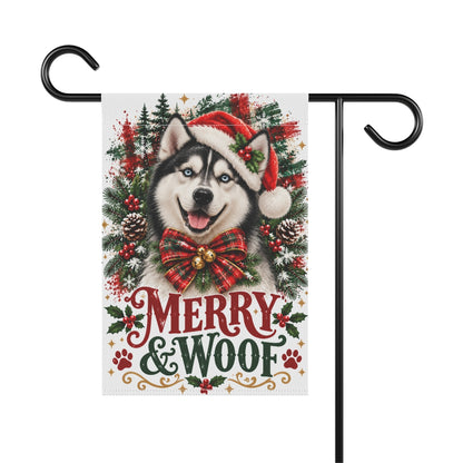 Siberian Husky Christmas Garden Flag, Merry & Woof Holiday Dog Yard Decor