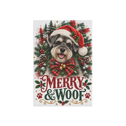 Schnauzer Christmas Garden Flag, Merry & Woof Holiday Dog Yard Decor