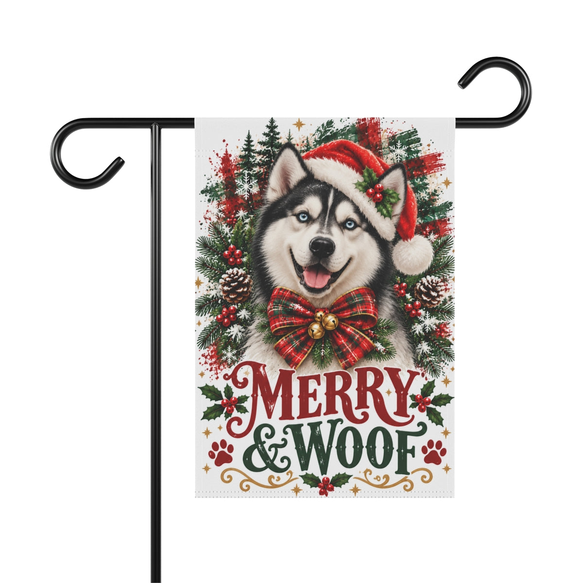 Siberian Husky Christmas Garden Flag, Merry & Woof Holiday Dog Yard Decor