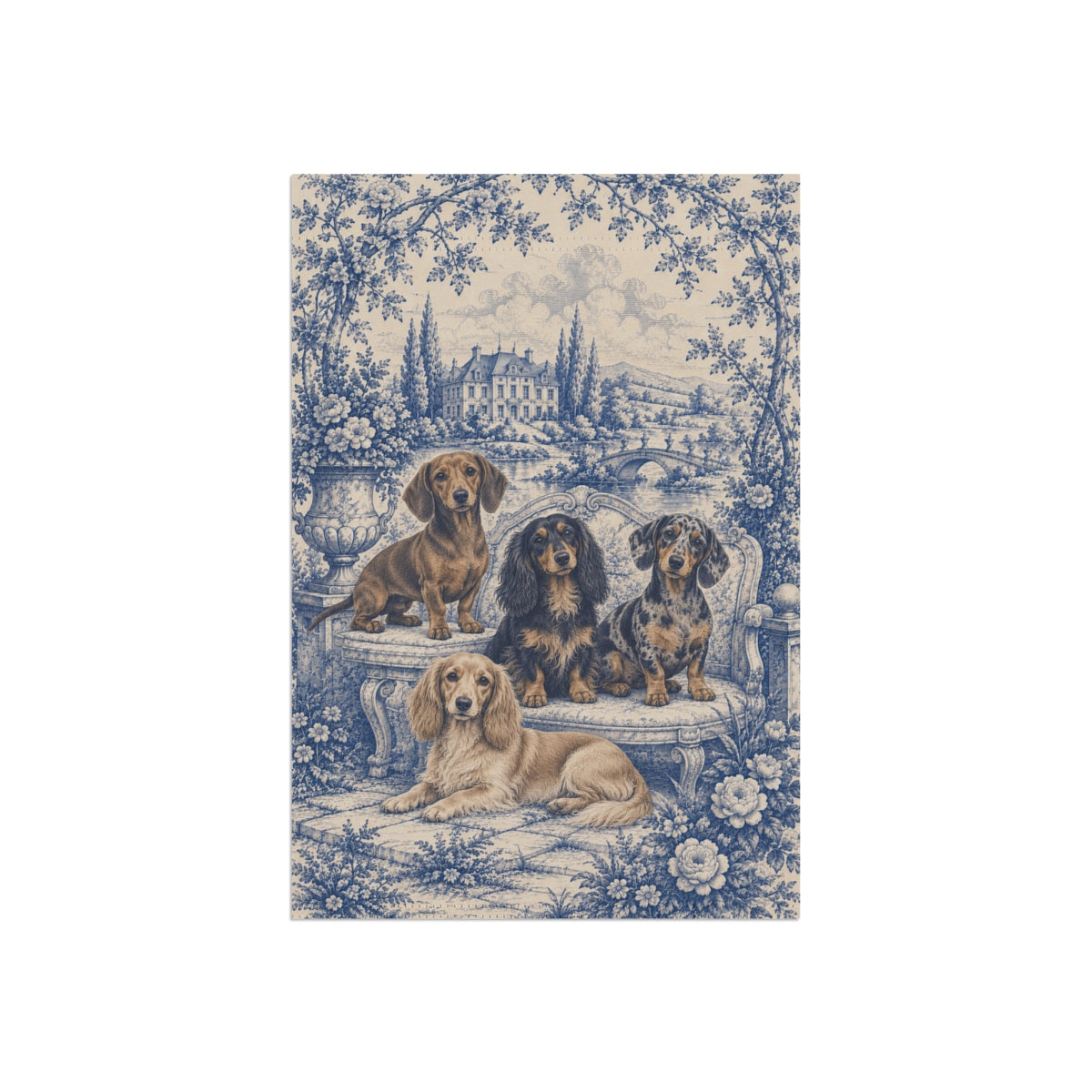 Dachshund Garden Flag, Blue Toile Doxie Yard Decor, Dachshund Mom Gift, Garden Banner