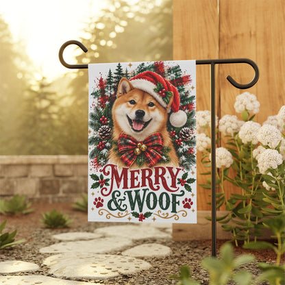 Red Shiba Inu Christmas Garden Flag, Merry & Woof Holiday Dog Yard Decor