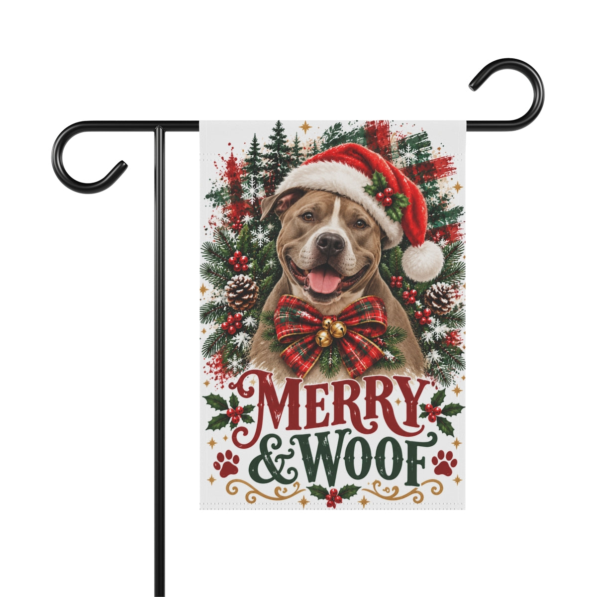 Pitbull Christmas Garden Flag, Merry & Woof Holiday Dog Yard Decor