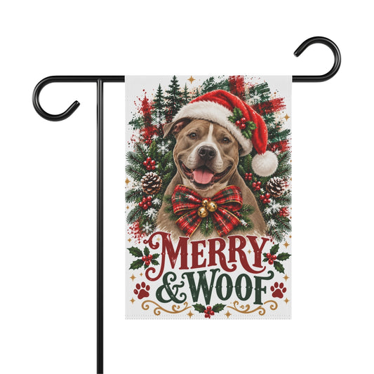 Pitbull Christmas Garden Flag, Merry & Woof Holiday Dog Yard Decor