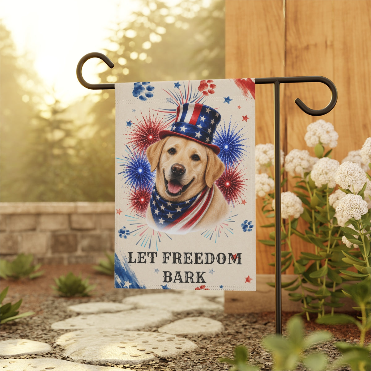 Patriotic Yellow Lab Garden Flag, Let Freedom Bark