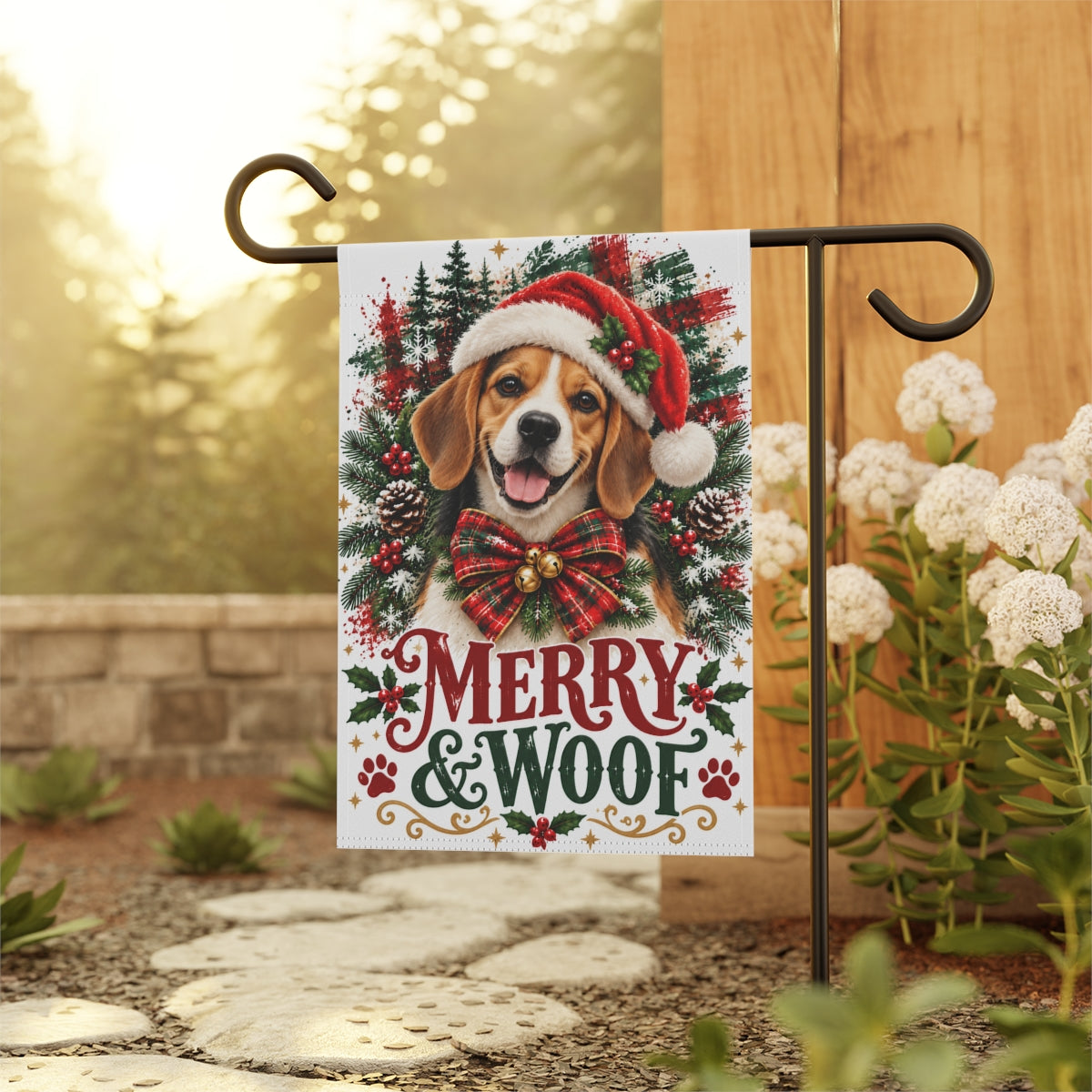 Beagle Christmas Garden Flag, Merry & Woof Holiday Dog Yard Decor