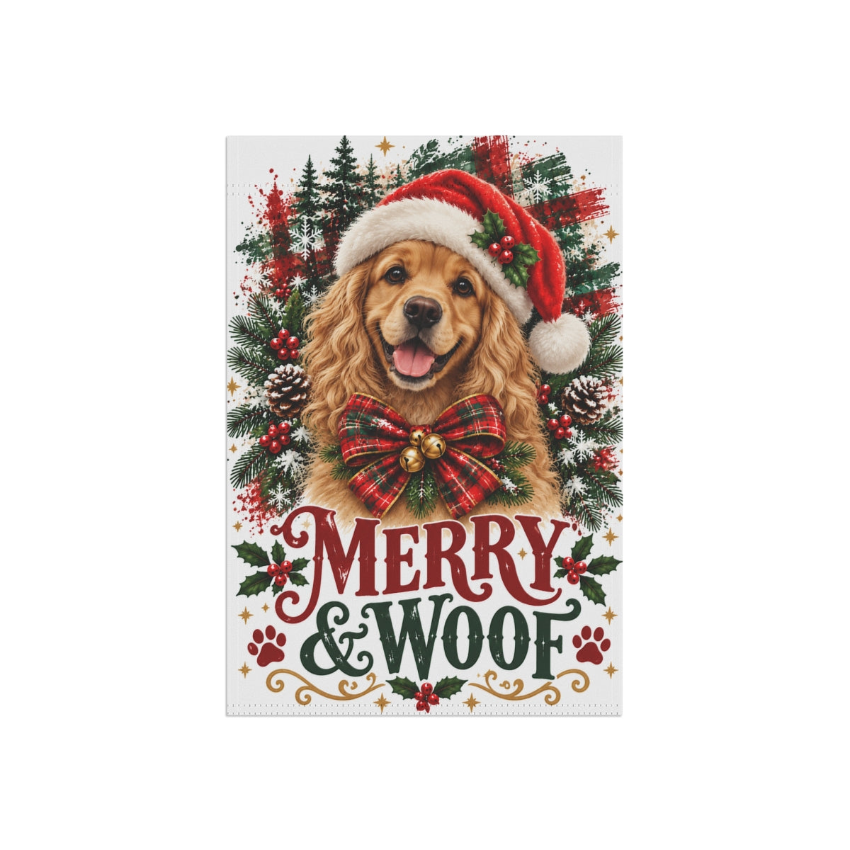 Cocker Spaniel Christmas Garden Flag, Merry & Woof Holiday Dog Yard Decor