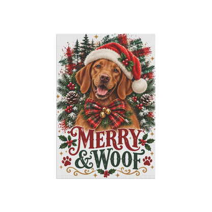 Vizsla Christmas Garden Flag, Merry & Woof Holiday Dog Yard Decor