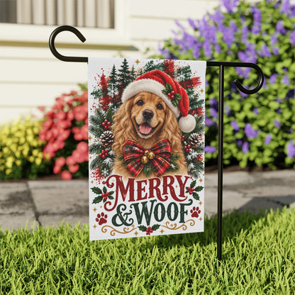 Cocker Spaniel Christmas Garden Flag, Merry & Woof Holiday Dog Yard Decor