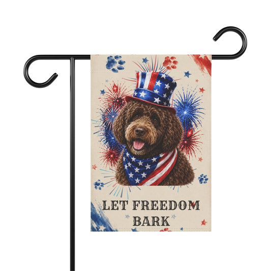 Patriotic Brown Portuguese Water Dog Garden Flag, Let Freedom Bark