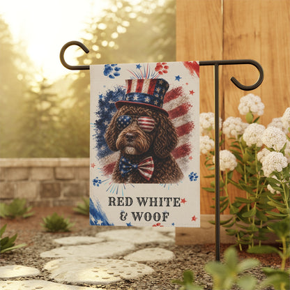 Patriotic Brown Portuguese Water Dog Garden Flag, Red White and Woof