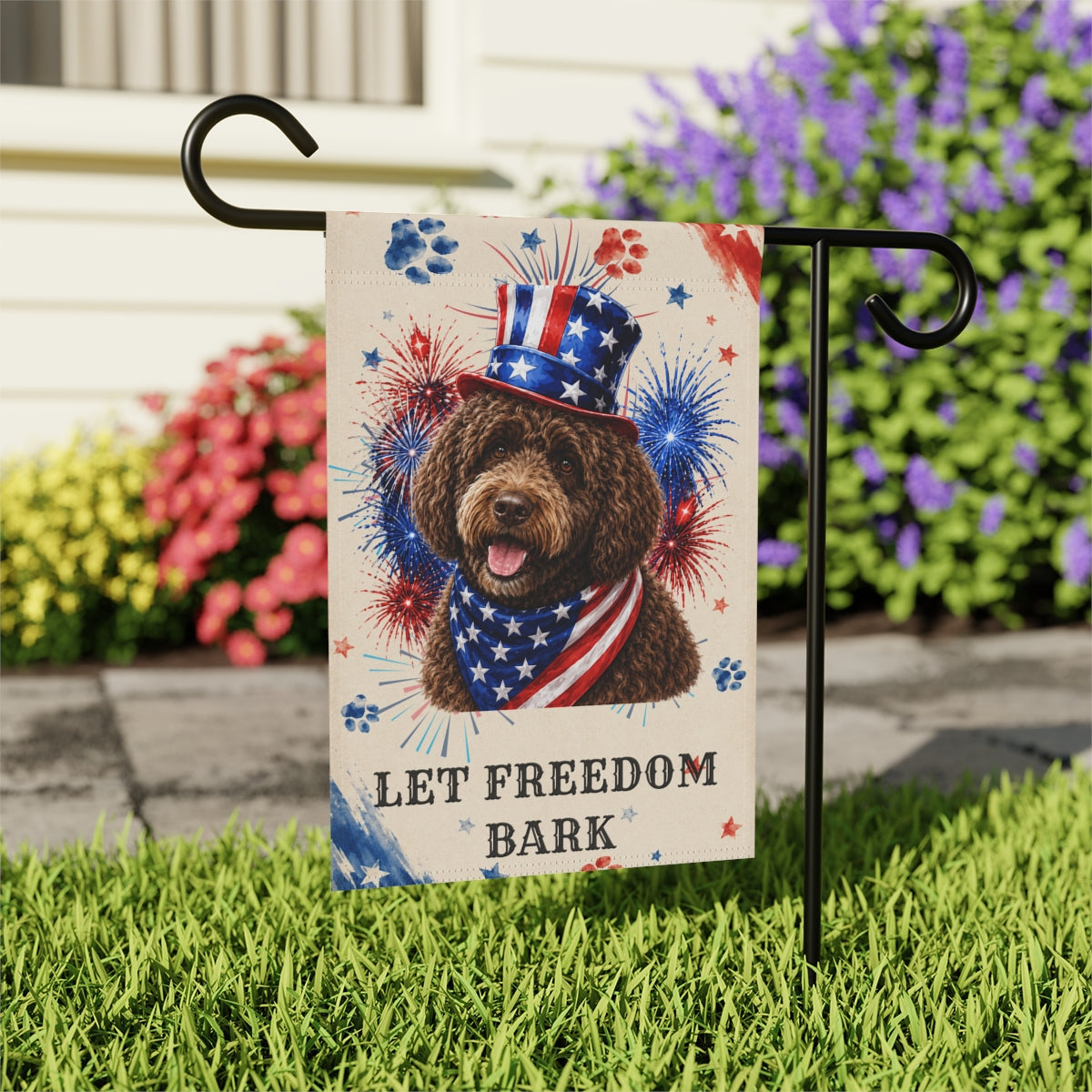 Patriotic Brown Portuguese Water Dog Garden Flag, Let Freedom Bark