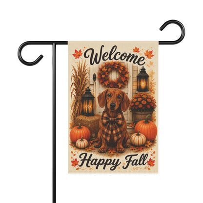 Red Dachshund Welcome Fall Garden Flag, Autumn Doxie Porch Decor, Dachshund Lover Gift