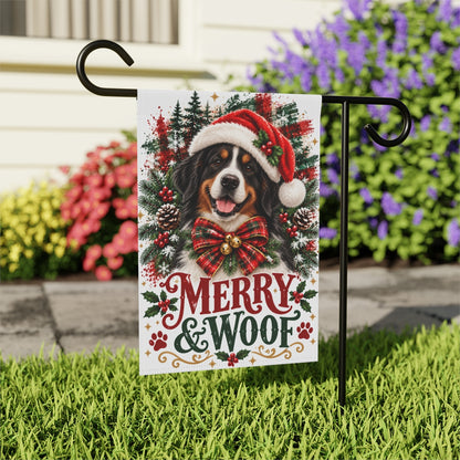 Bernese Mountain Dog Christmas Garden Flag, Merry & Woof Holiday Yard Decor