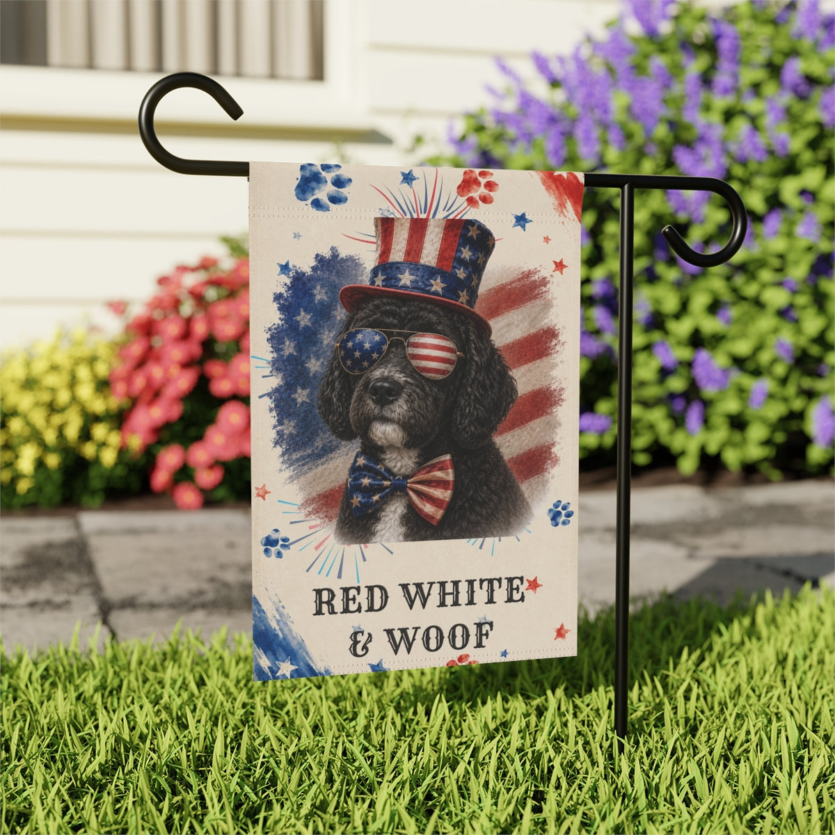 Patriotic Black Portuguese Water Dog Garden Flag, Red White and Woof