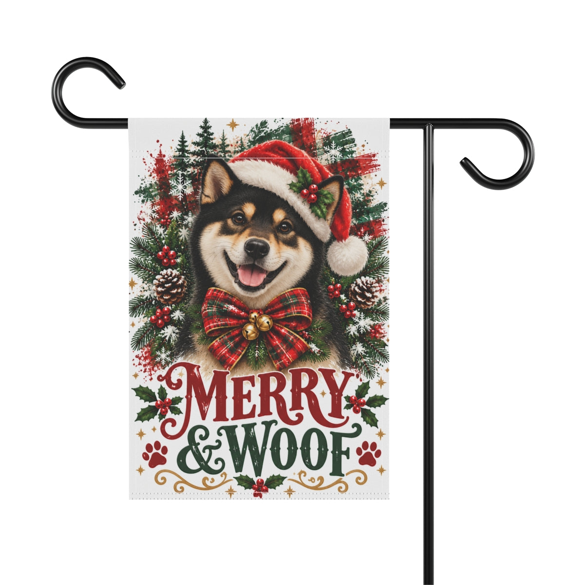 Black Shiba Inu Christmas Garden Flag, Merry & Woof Holiday Dog Yard Decor