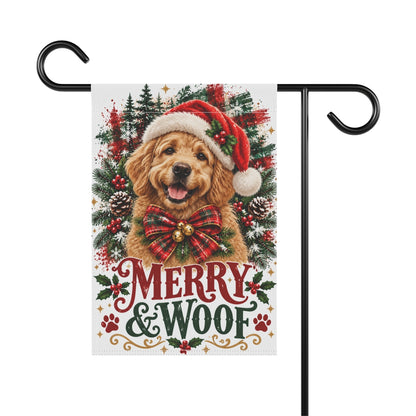Goldendoodle Christmas Garden Flag, Merry & Woof Holiday Dog Yard Decor