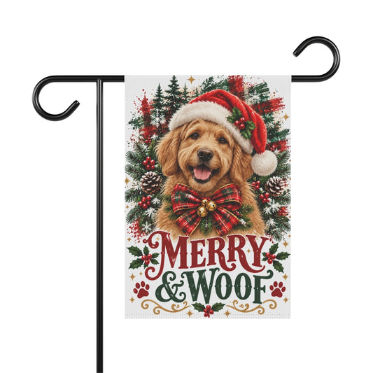 Labradoodle Christmas Garden Flag, Merry & Woof Holiday Dog Yard Decor