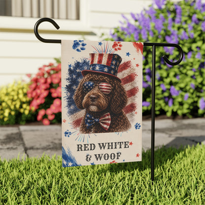 Patriotic Brown Portuguese Water Dog Garden Flag, Red White and Woof