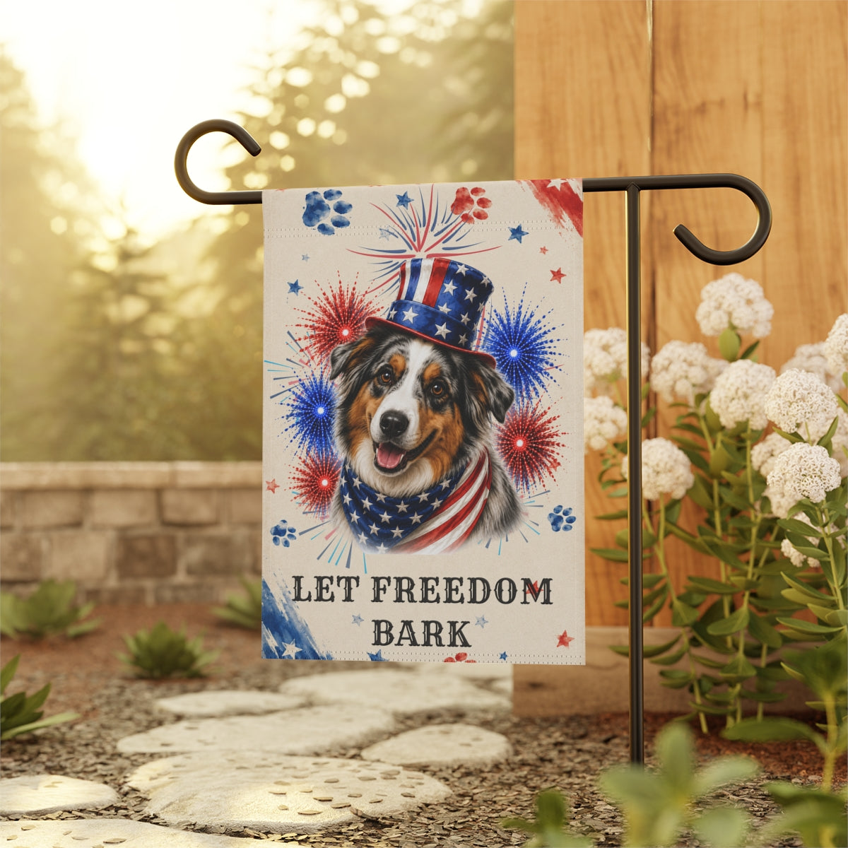 Patriotic Australian Shepherd Garden Flag, Let Freedom Bark