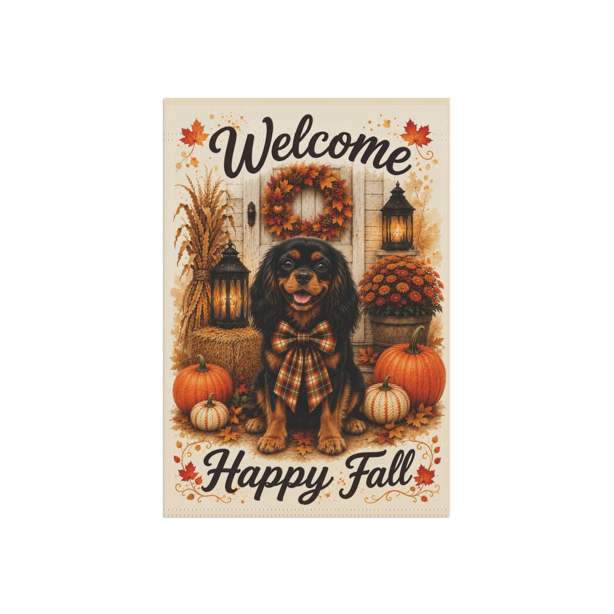 Black and Tan Cavalier Welcome Fall Garden Flag, Autumn Dog Porch Decor, Cavalier Gift