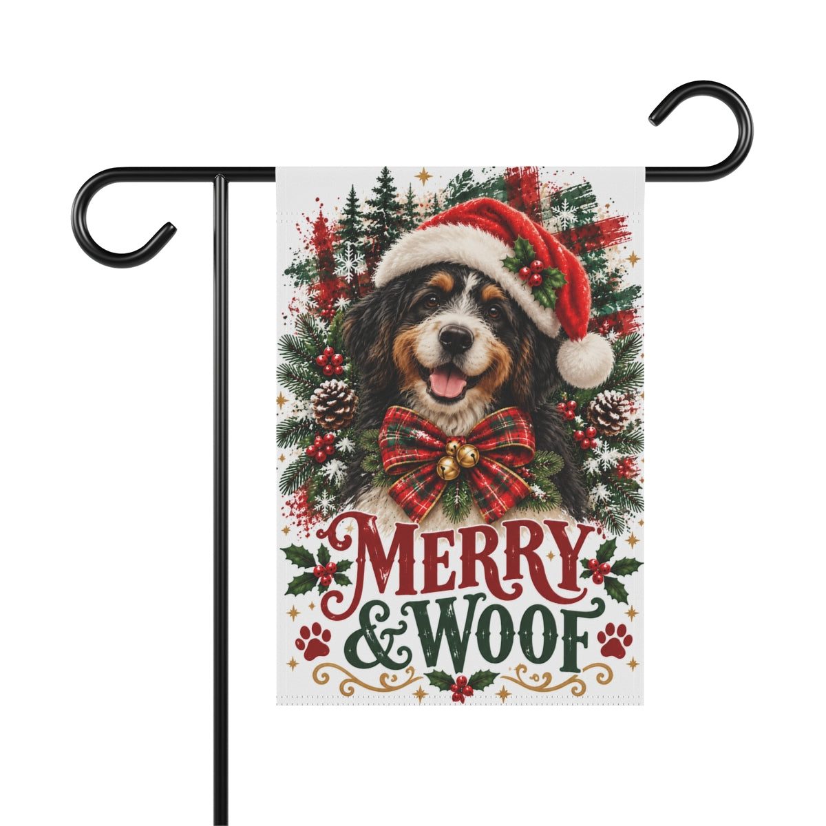 Bernedoodle Christmas Garden Flag, Merry & Woof Holiday Dog Yard Decor