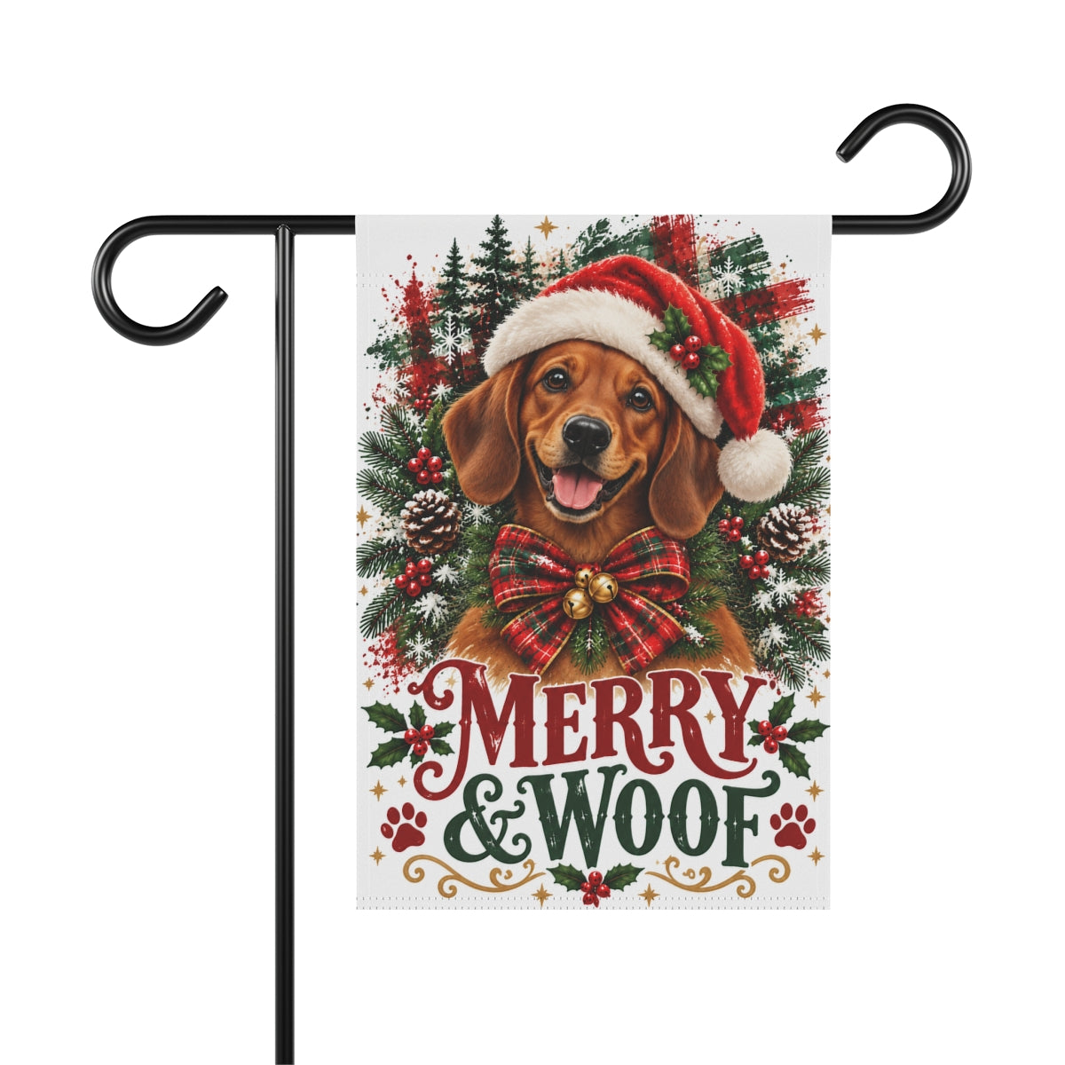 Red Dachshund Christmas Garden Flag, Merry & Woof Holiday Dog Yard Decor