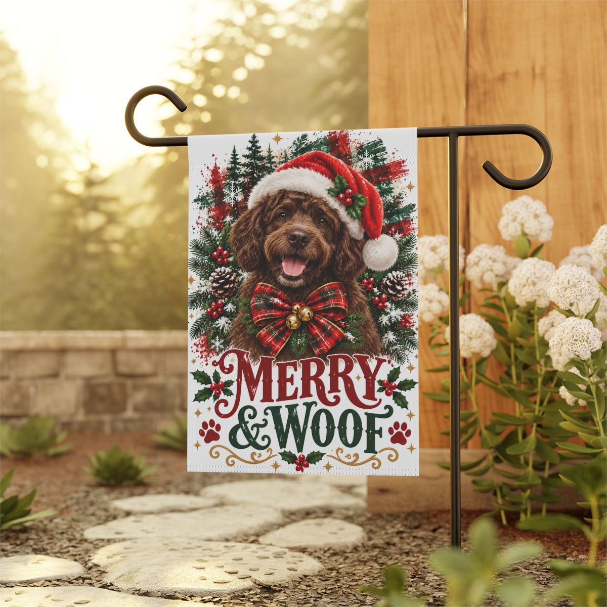 Brown Portuguese Water Dog Christmas Garden Flag, Merry & Woof Holiday Yard Decor