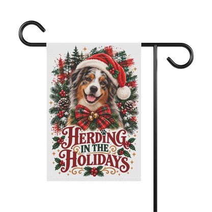 Australian Shepherd Christmas Garden Flag, Herding in the Holidays